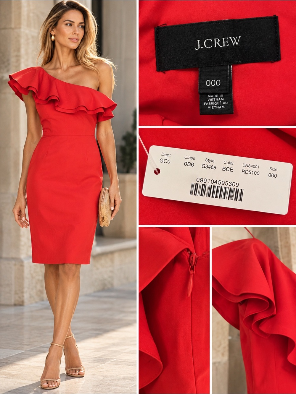 J. Crew Red One-Shoulder Ruffle Sheath Dress - Picture 2 of 3